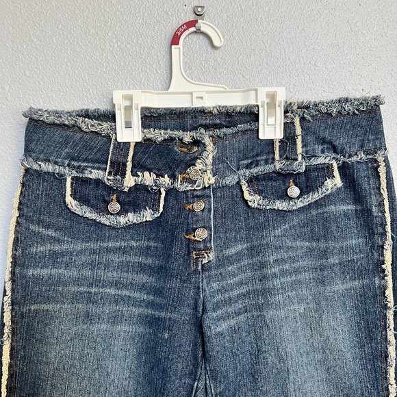 Anthropologie Wide Leg Frayed Patchwork Dark Wash Jeans - Picture 2 of 6